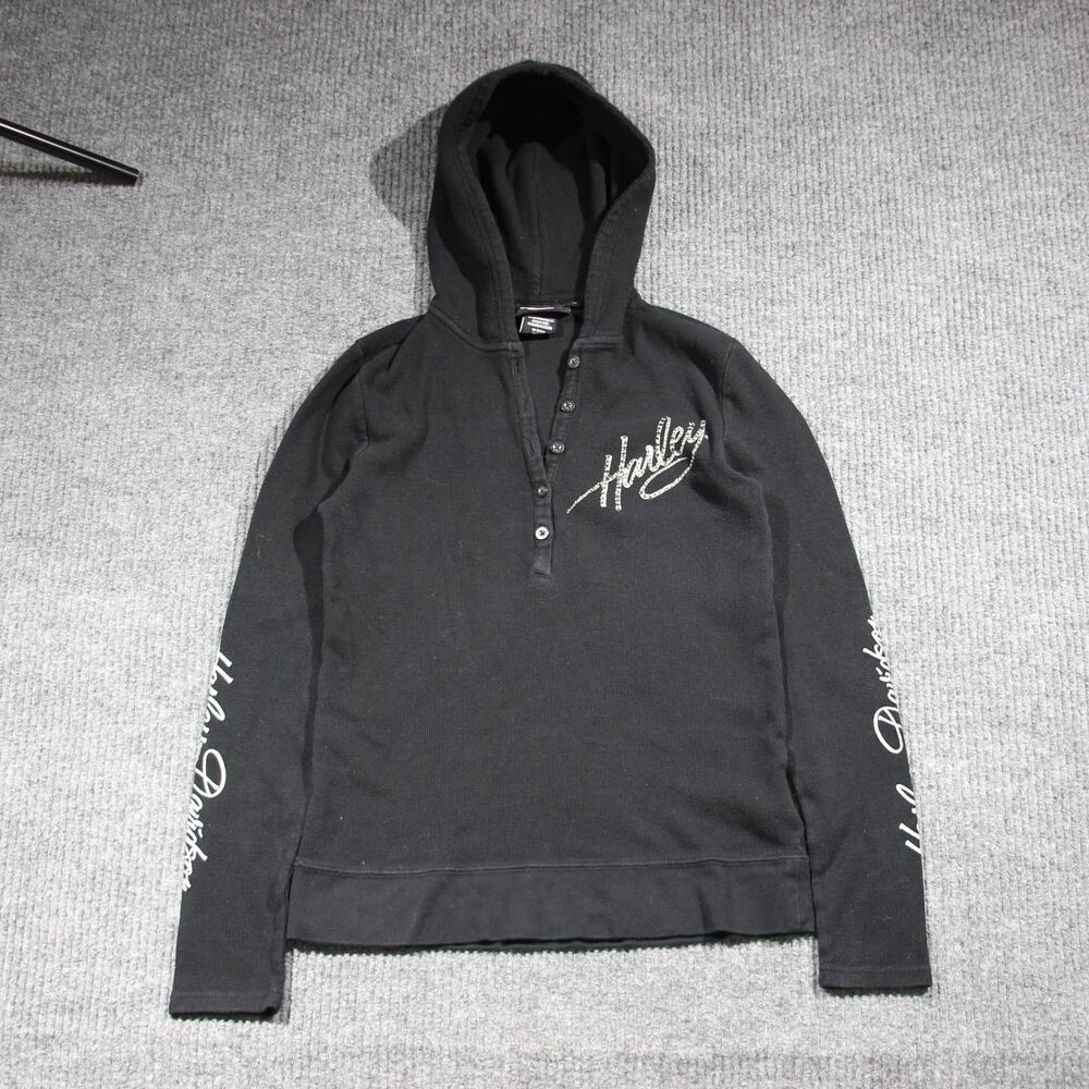 Harley Davidson Hoodie Womens M Black Flame Logo Bling Vintage Biker Grunge
